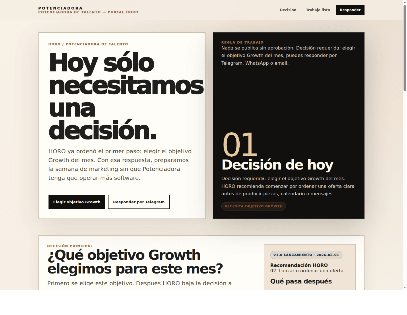 Portal HORO de revisión semanal con decisión pendiente y aprobación humana