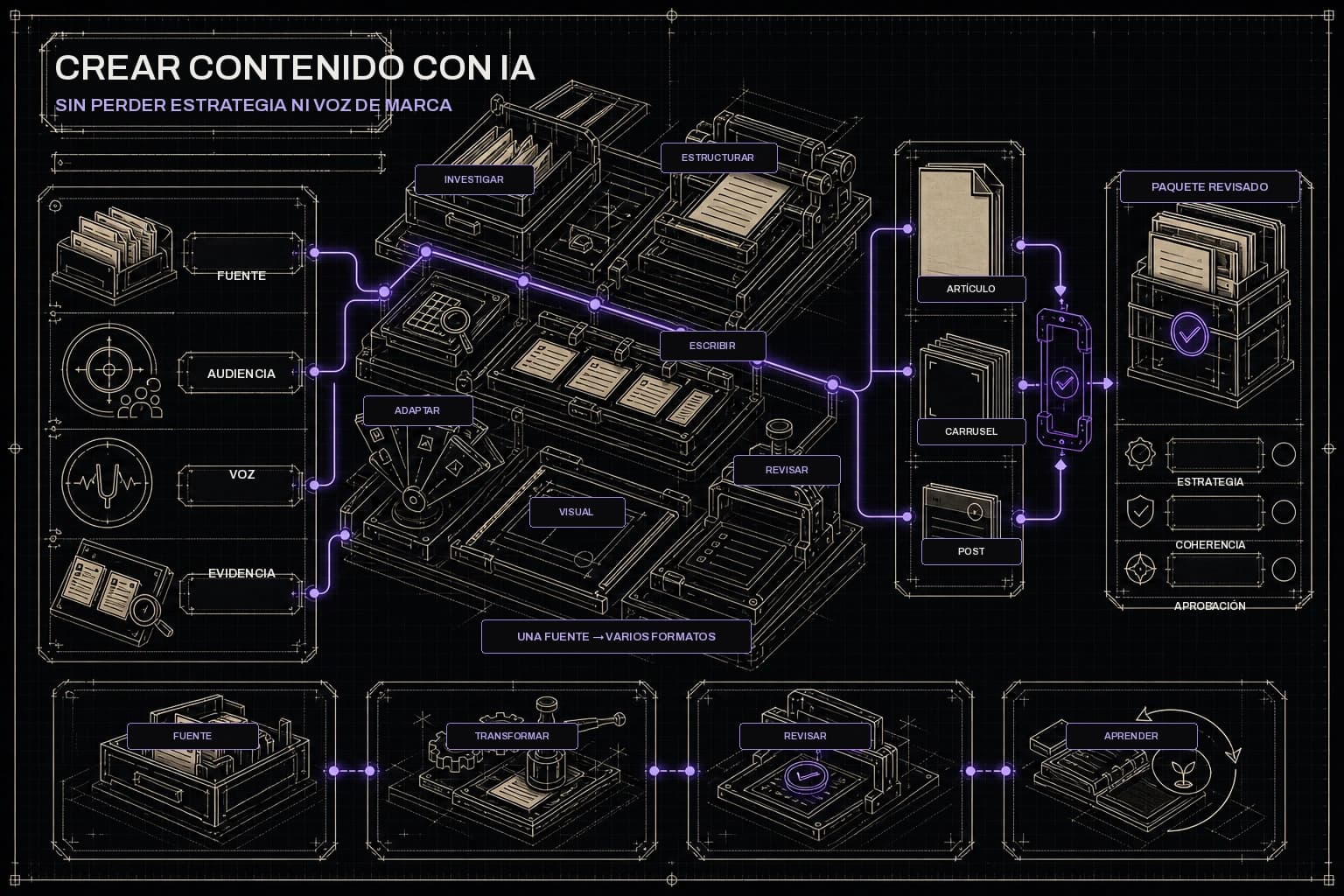 Sistema editorial HORO donde una fuente aprobada se convierte en artículo, publicaciones y escenas visuales conectadas por una misma dirección.