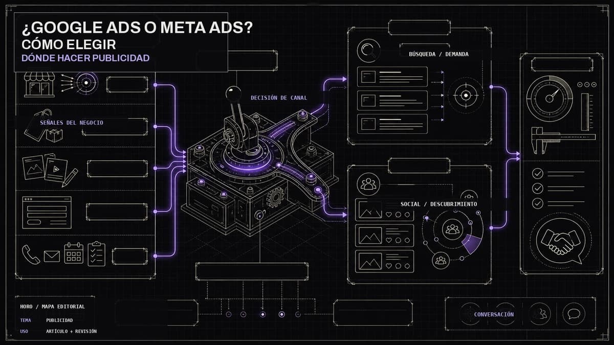 Mapa editorial HORO para elegir entre Google Ads y Meta Ads según señales del negocio, demanda, descubrimiento y conversación.