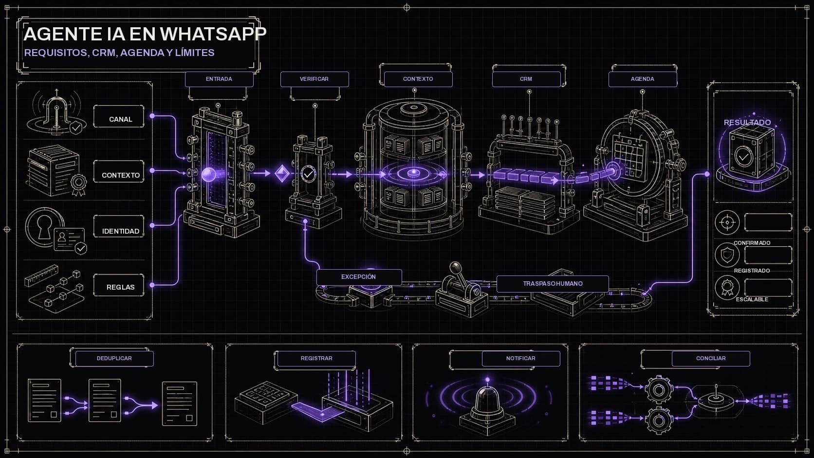 Mapa editorial HORO donde una solicitud digital entra por WhatsApp y se convierte en contexto de CRM, una reserva de calendario y un traspaso humano verificable.