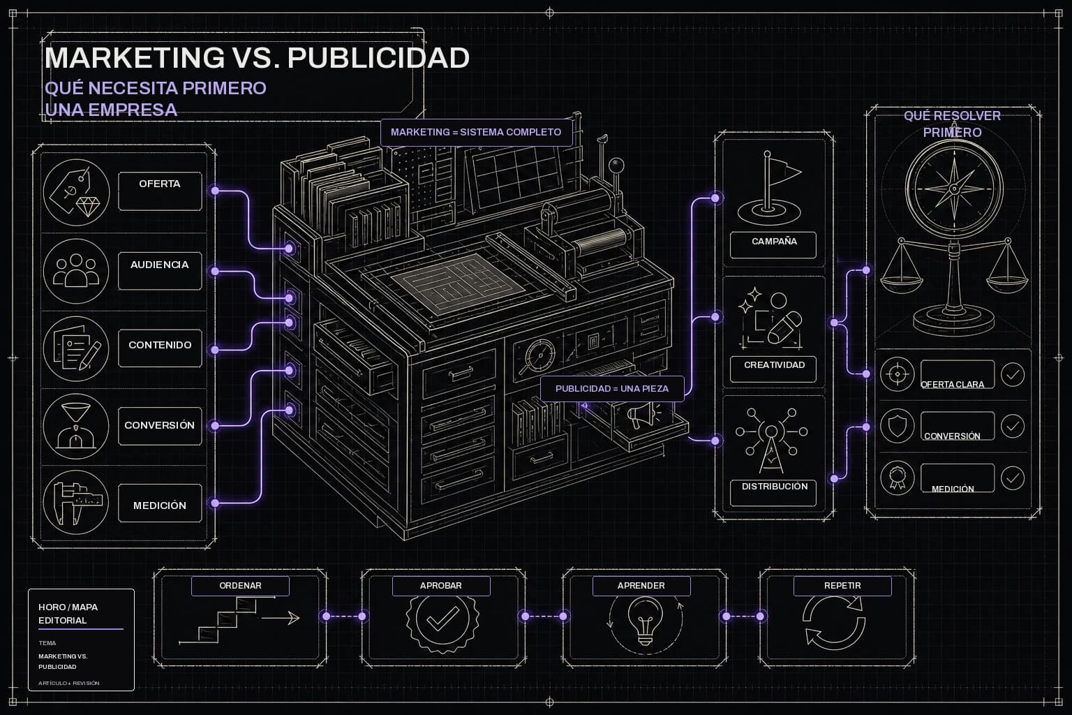 Sistema editorial HORO que muestra un plan amplio de marketing que contiene una acción de publicidad pagada y una decisión sobre cuándo activarla.