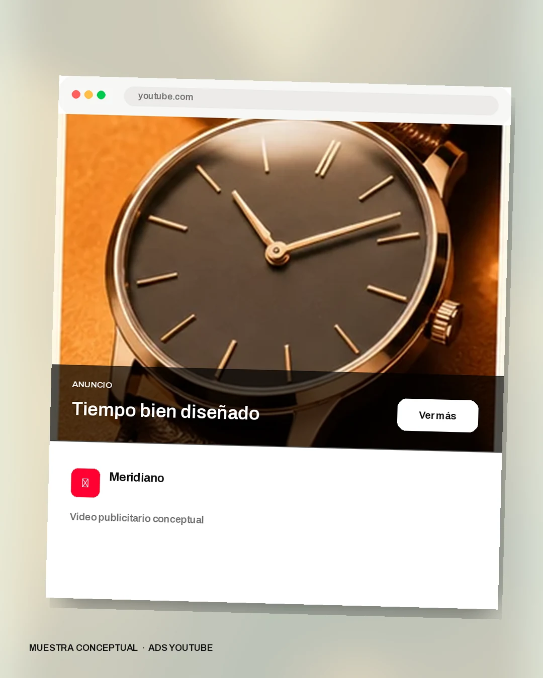 Mockup conceptual de YouTube para Meridiano: Tiempo bien diseñado