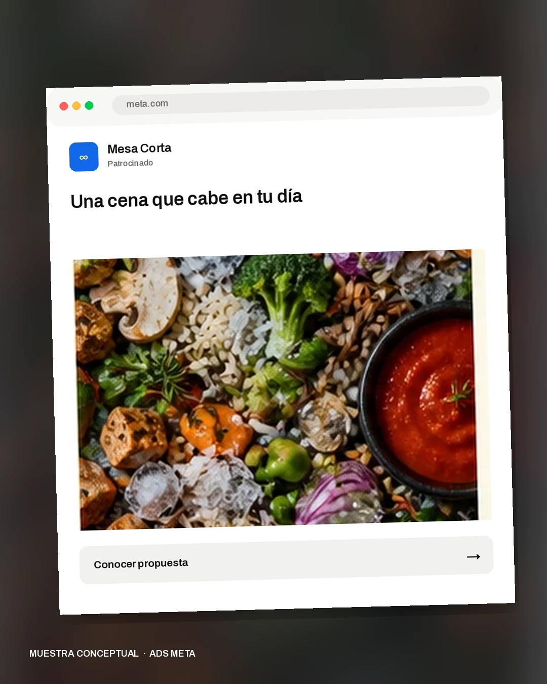 Mockup conceptual de Meta para Mesa Corta: Una cena que cabe en tu día