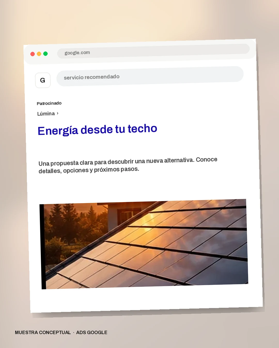 Mockup conceptual de Google para Lúmina: Energía desde tu techo
