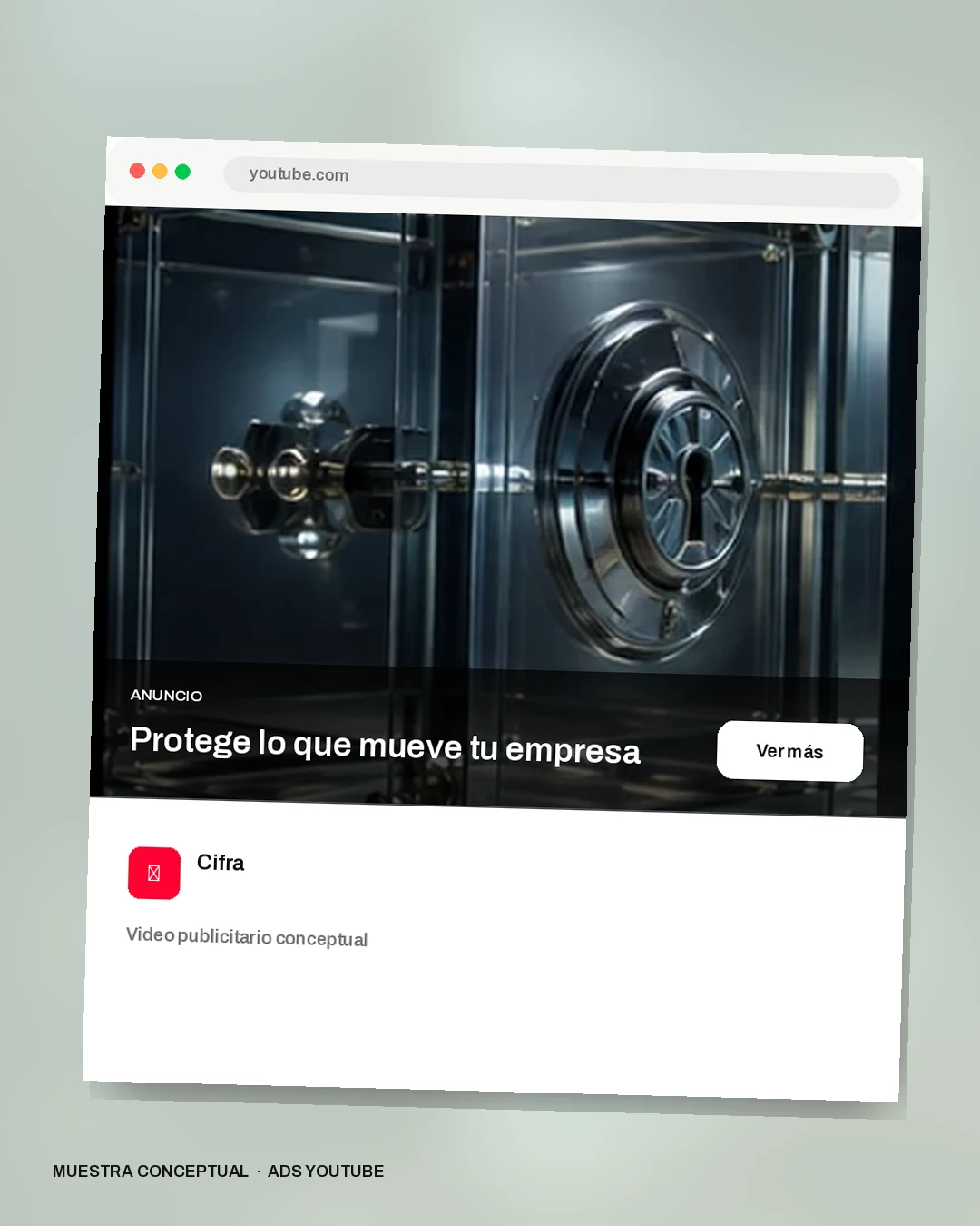 Mockup conceptual de YouTube para Cifra: Protege lo que mueve tu empresa