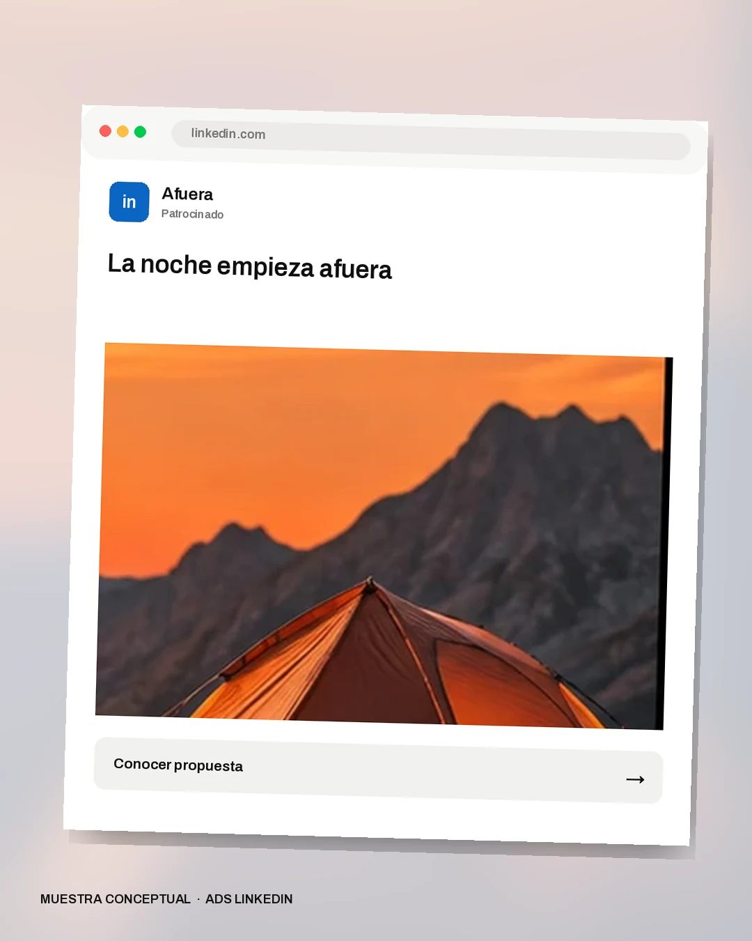 Mockup conceptual de LinkedIn para Afuera: La noche empieza afuera