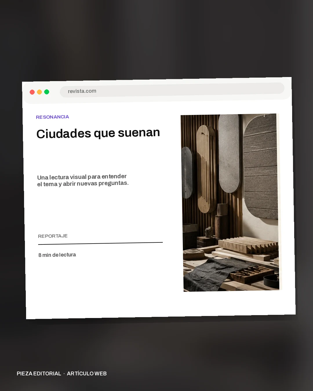 Mockup conceptual de Artículo web para Resonancia: Ciudades que suenan