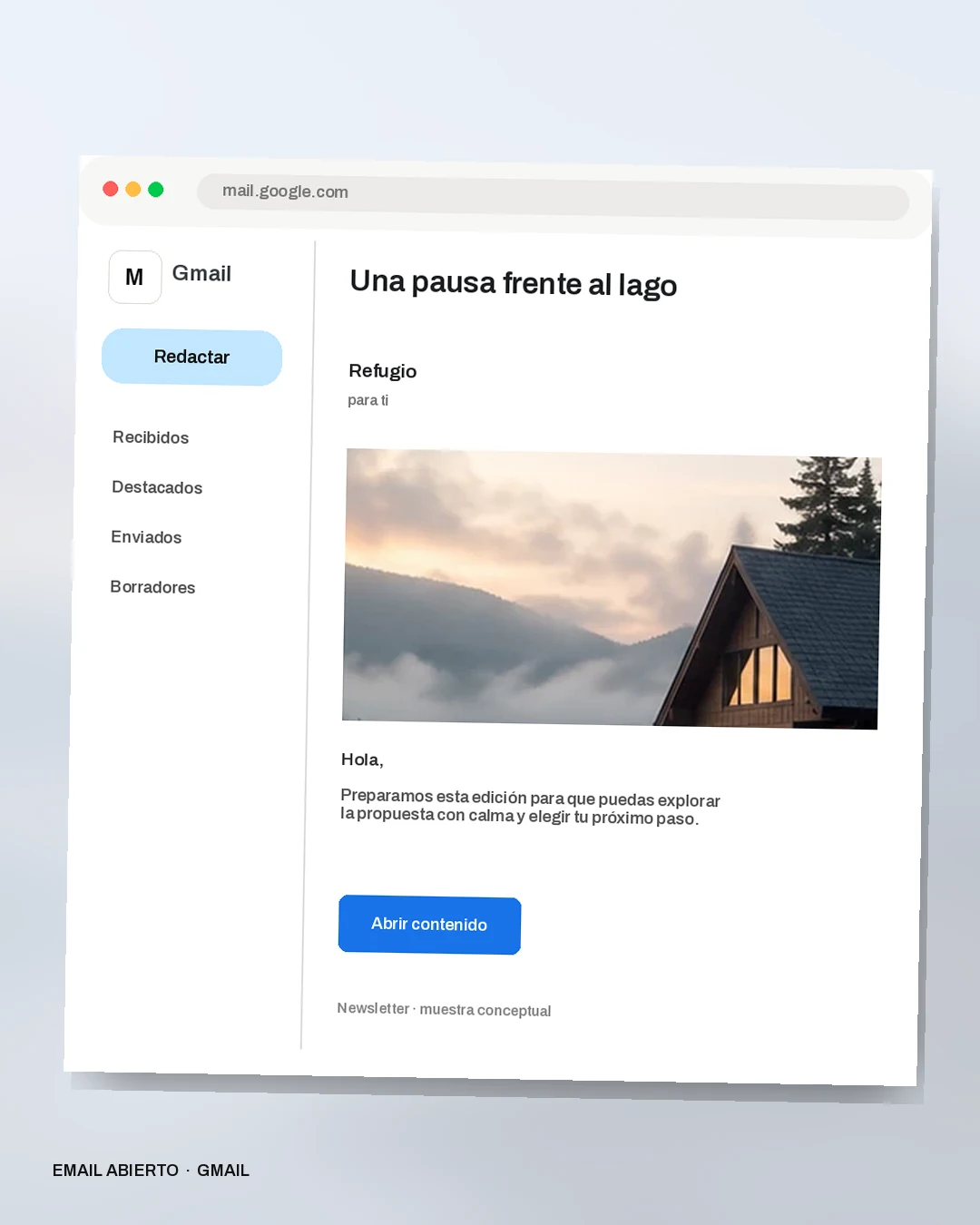 Mockup conceptual de Newsletter para Refugio: Una pausa frente al lago
