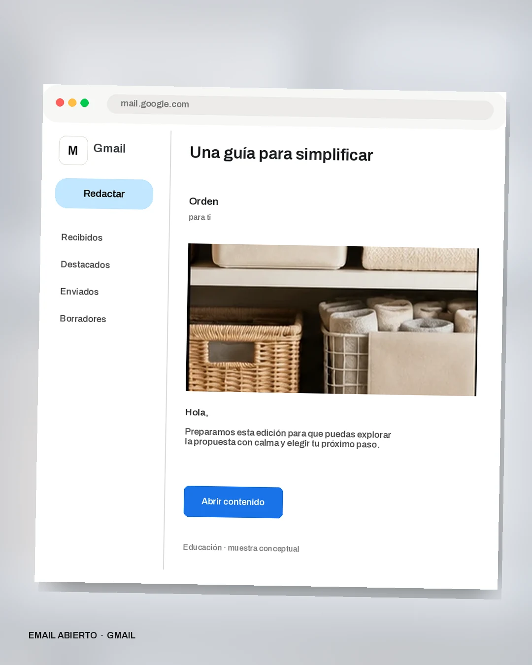 Mockup conceptual de Educación para Orden: Una guía para simplificar