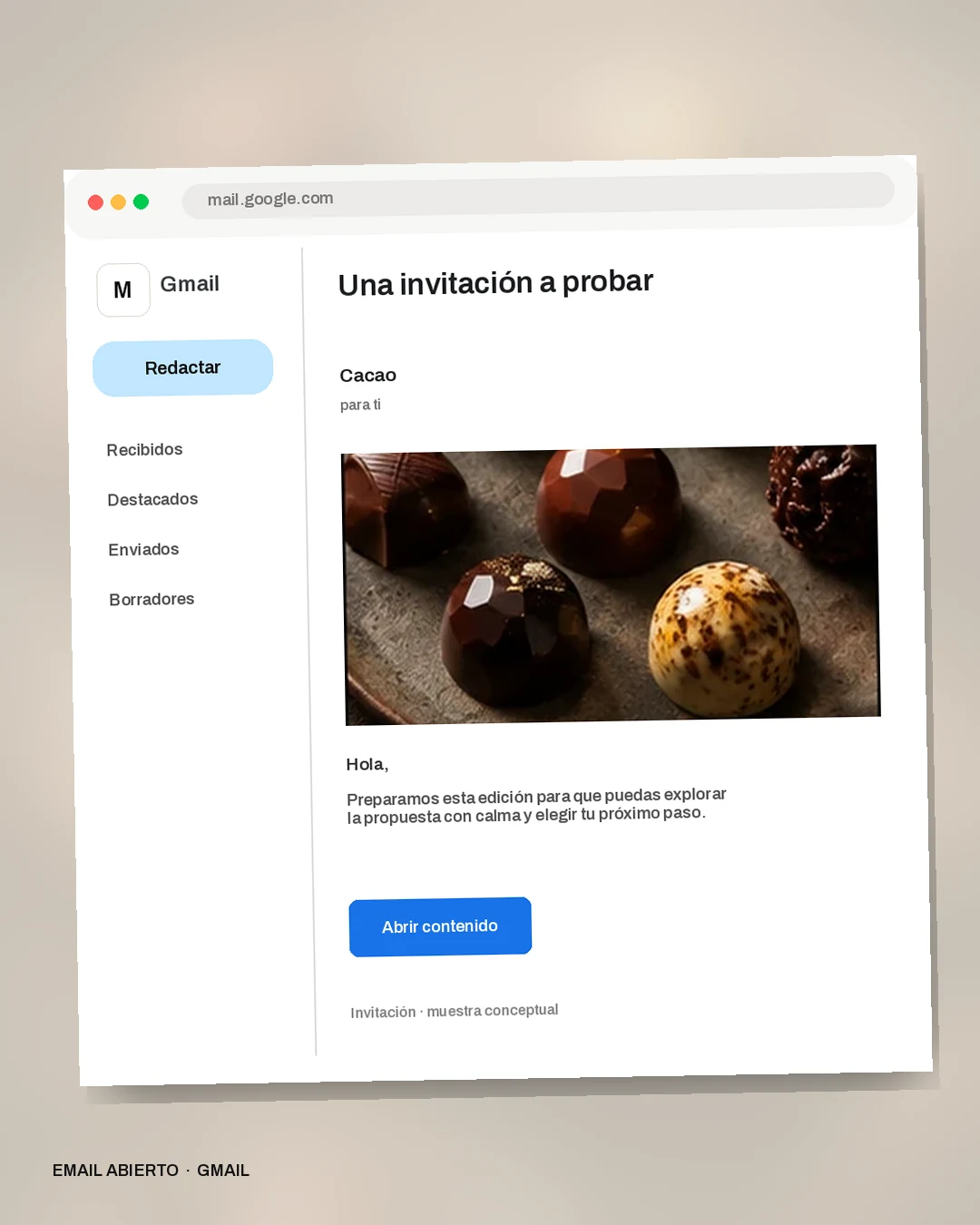 Mockup conceptual de Invitación para Cacao: Una invitación a probar