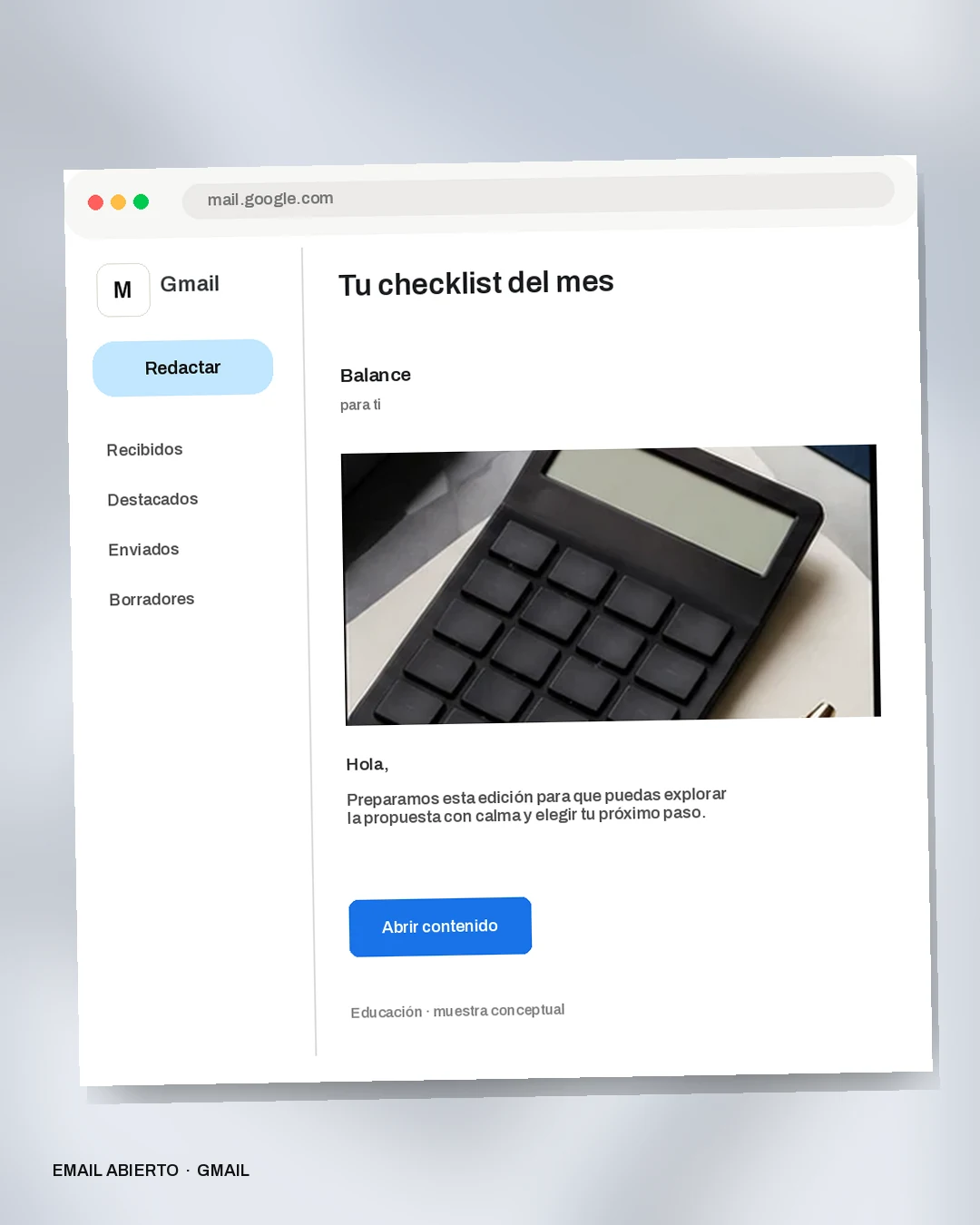 Mockup conceptual de Educación para Balance: Tu checklist del mes