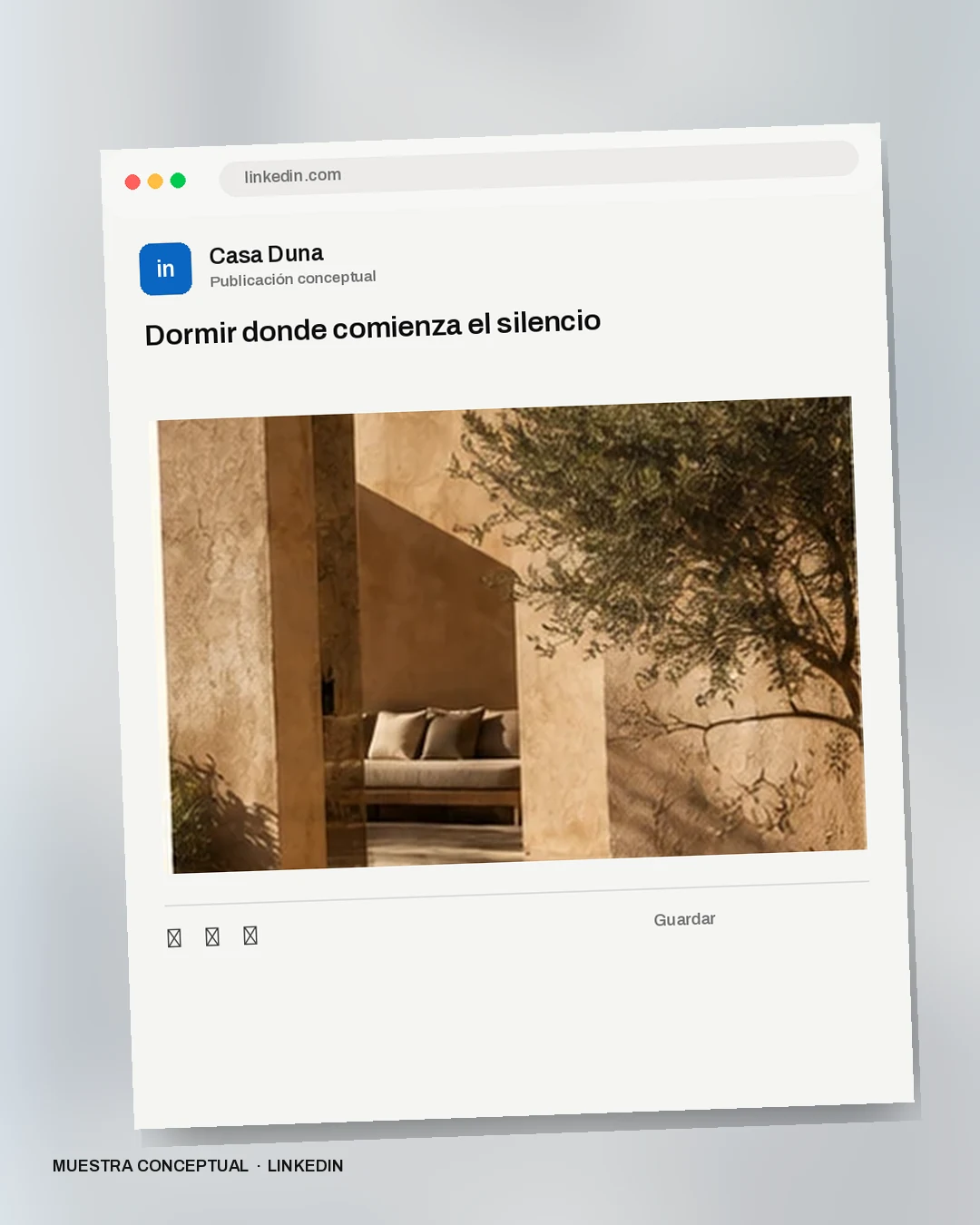 Mockup conceptual de LinkedIn para Casa Duna: Dormir donde comienza el silencio