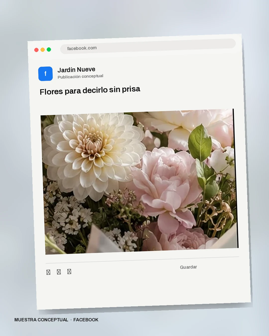 Mockup conceptual de Facebook para Jardín Nueve: Flores para decirlo sin prisa